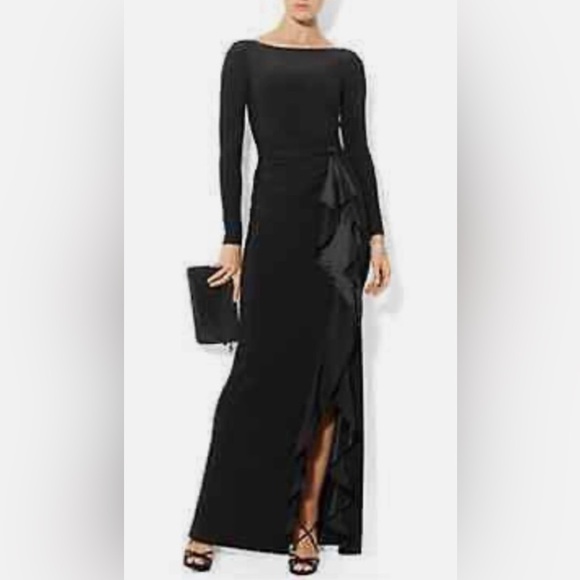 Ralph Lauren Evening Long Sleeve Black Dress with Ruffle Trim Size 8 - Picture 1 of 7